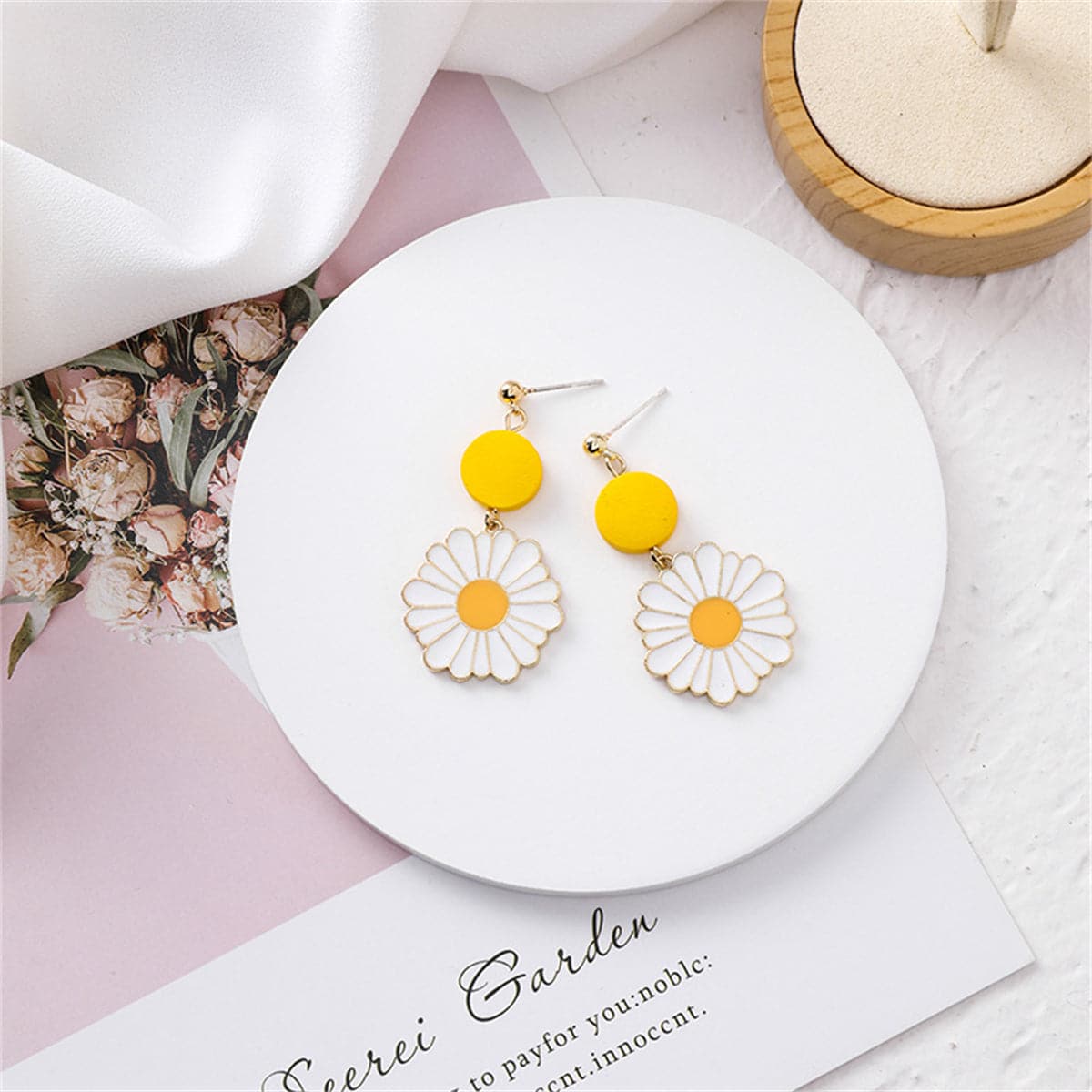 White and Yellow Mum Drop Earrings, drop earrings for women, everyday style, side view