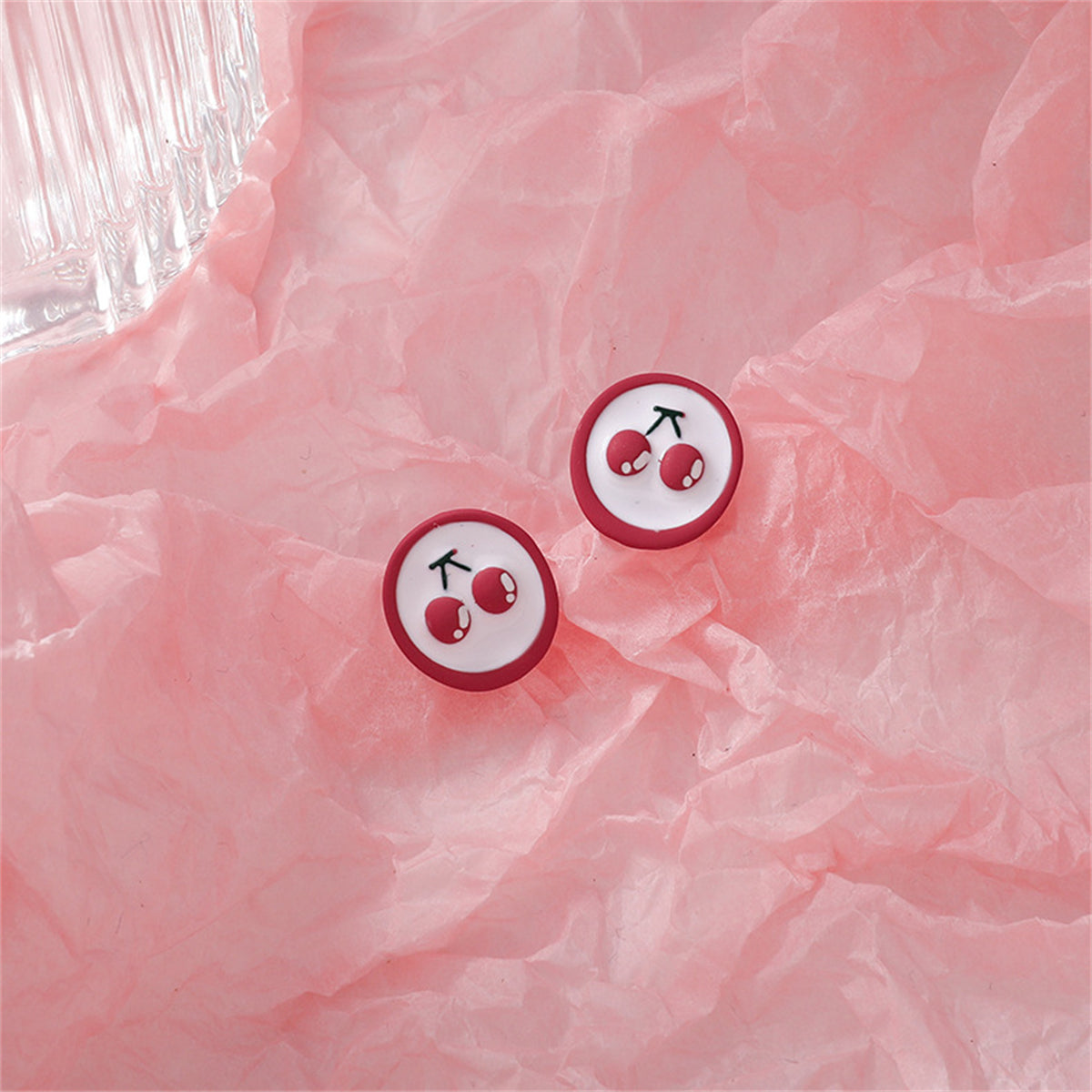 Red Enamel & Silver-Plated Cherry Round Stud Earrings