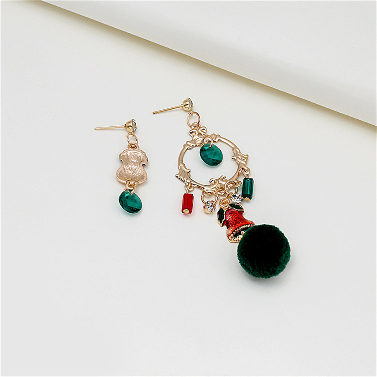 Cubic Zirconia and Enamel 18K Gold-Plated Pom-Pom Bell Mismatched Drop Earrings, gold drop earrings for women, side view