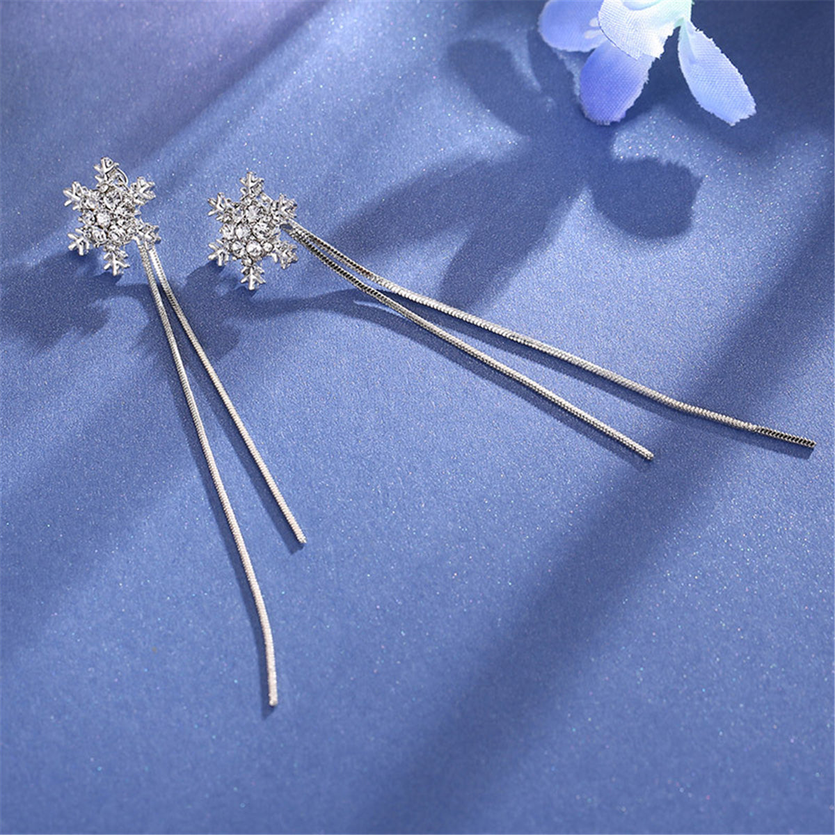 Cubic Zirconia and Silver-Plated Snowflake Tassel Drop Earrings, silver drop earrings for women, detail close-up