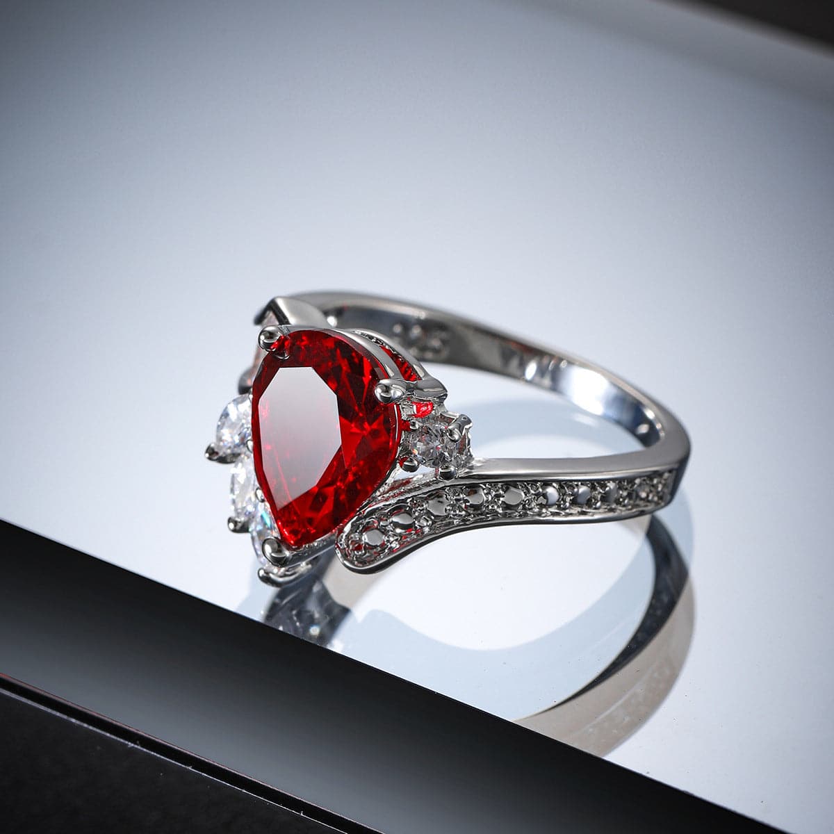 Red Crystal and Cubic Zirconia Pear Asymmetrical Ring, statement rings for women, elegant gift for her, side view