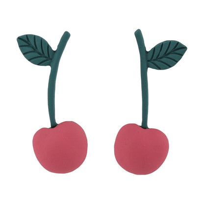 Pink and Green Enamel Cherry Drop Earrings, drop earrings for women, elegant gift for her, front view