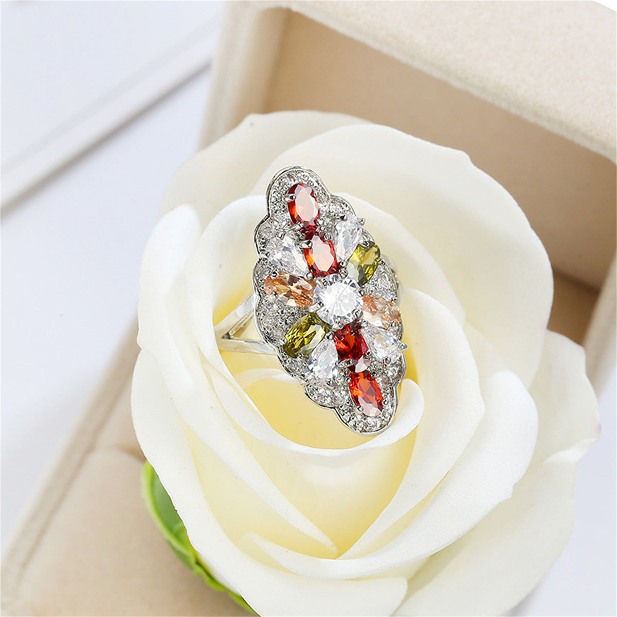 Red Multicolor Crystal and Silver-Plated Pear-Cut Pavé Statement Ring, jewelry gift sets for women, front view