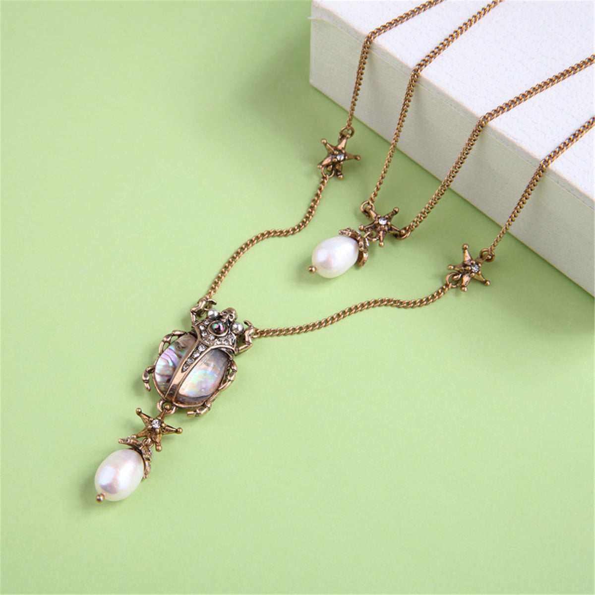 Cubic Zirconia & Pearl 18k Gold-Plated Layered Beetle Pendant Necklace