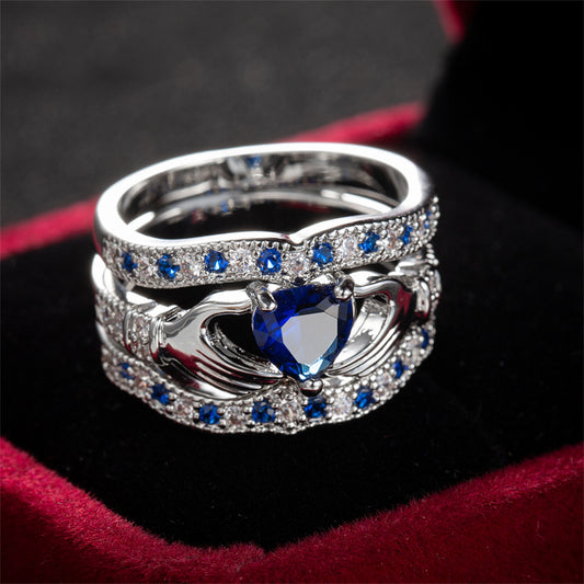 Navy Crystal and Cubic Zirconia Claddagh Fitted Ring Set, jewelry gift sets for women, dainty minimalist design, front view