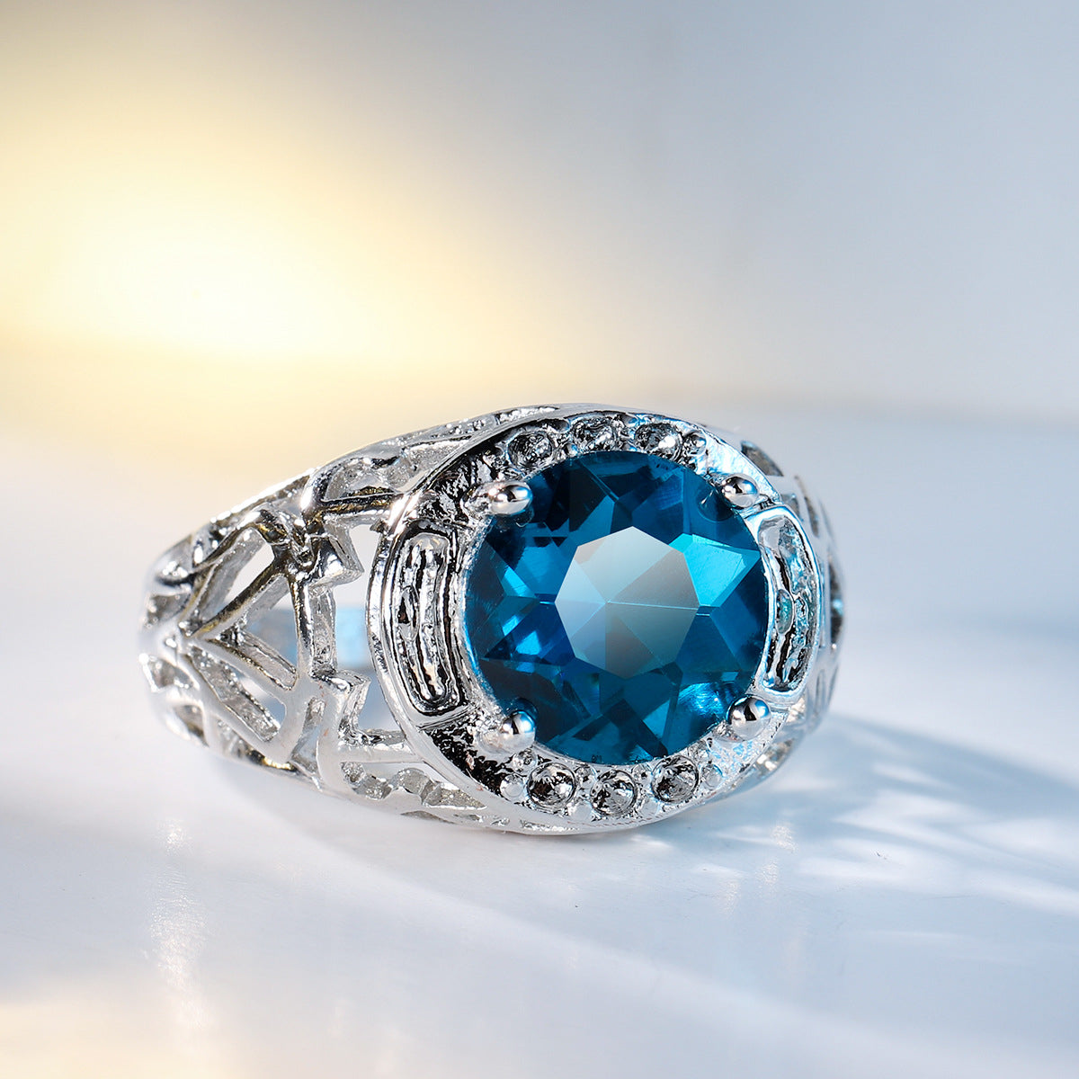 Blue Crystal & Silver-Plated Filigree Cocktail Ring
