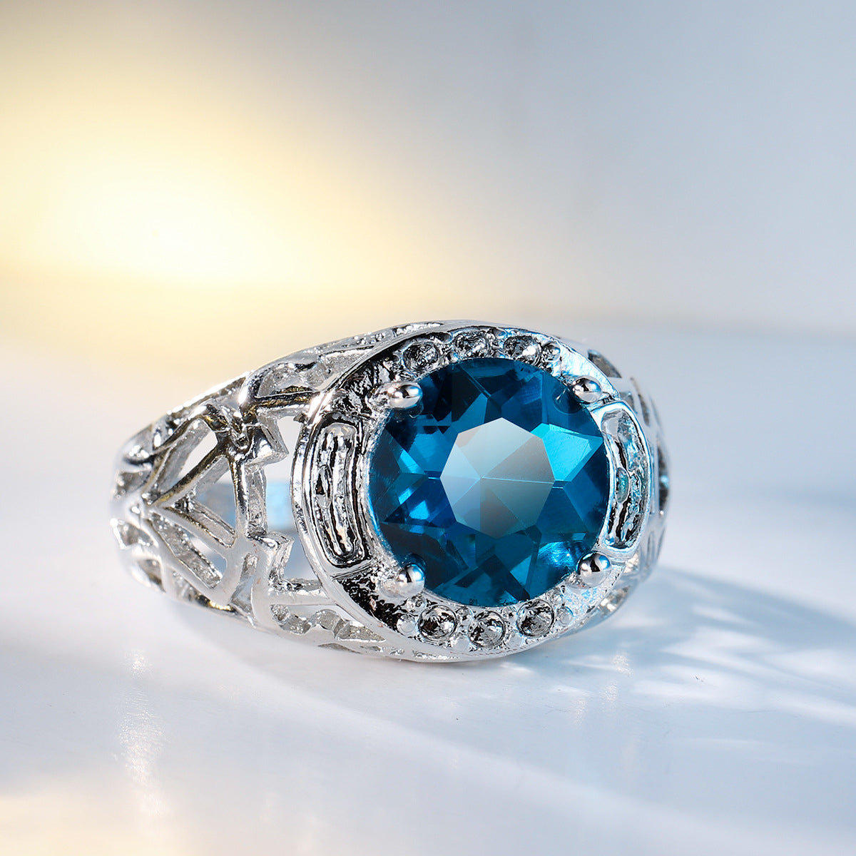 Blue Crystal and Silver-Plated Filigree Cocktail Ring, silver statement rings for women, vintage-inspired design, styled look