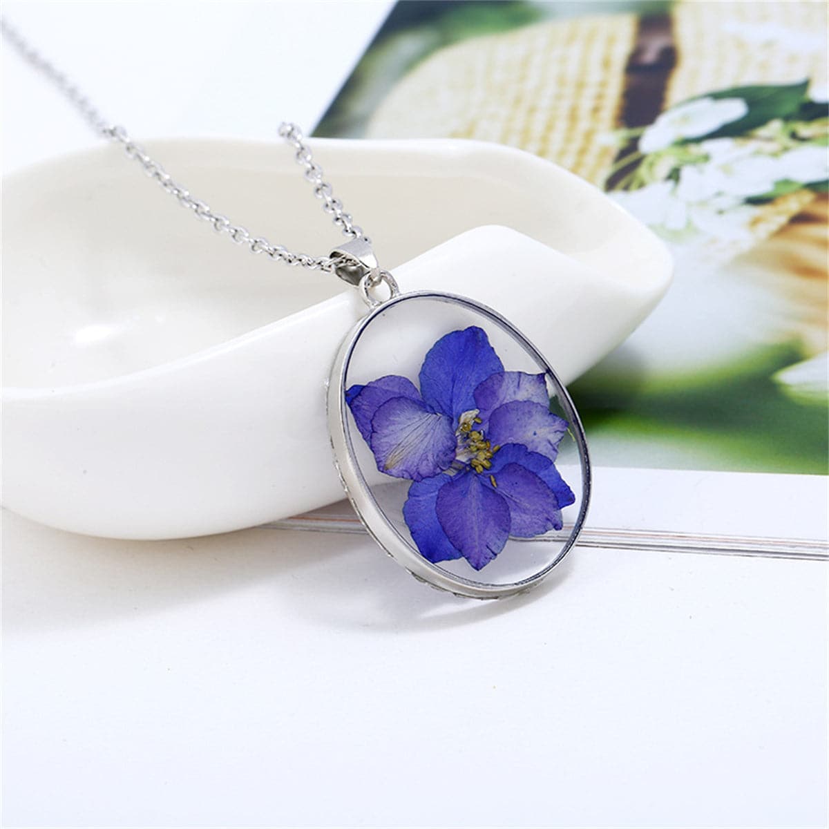 Purple Pressed Violet and Silver-Plated Oval Pendant Necklace, silver pendant necklace for women, front view