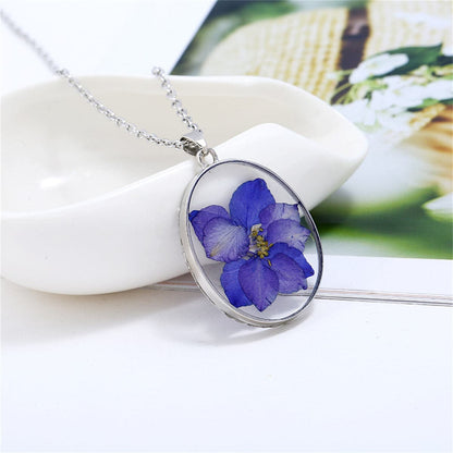 Purple Pressed Violet and Silver-Plated Oval Pendant Necklace, silver pendant necklace for women, front view