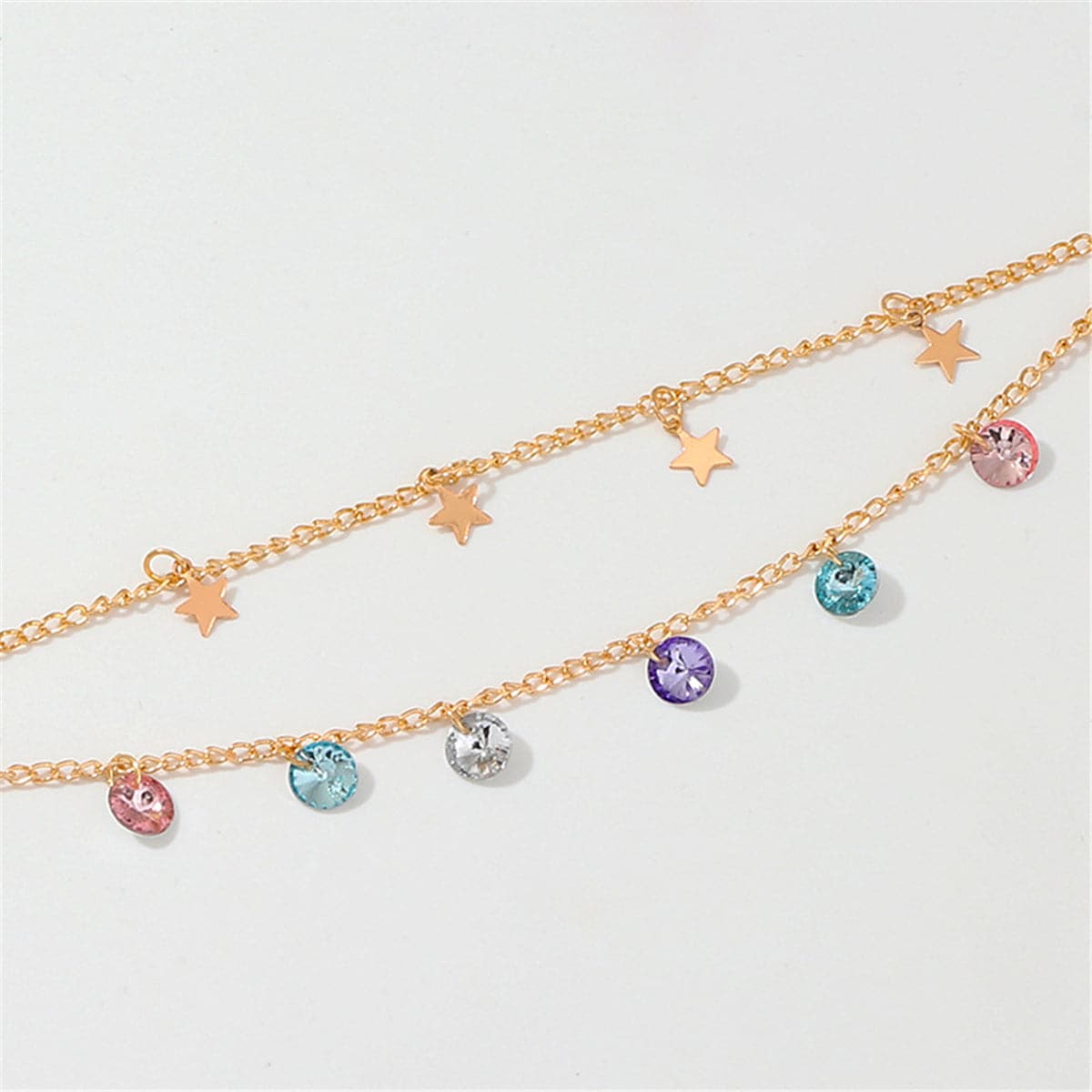 Colored Crystal & 18K Gold-Plated Star Layered Station Anklet