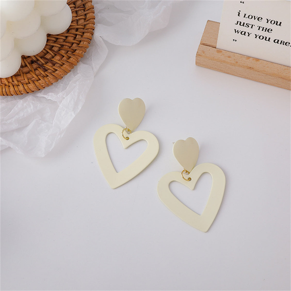White Enamel & 18K Gold-Plated Open Heart Drop Earrings
