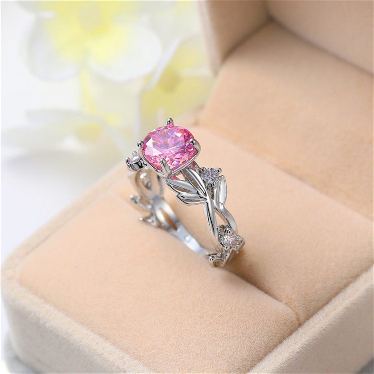 Pink Crystal and Silver-Plated Round-Cut Ring, silver statement rings for women, everyday style, front view
