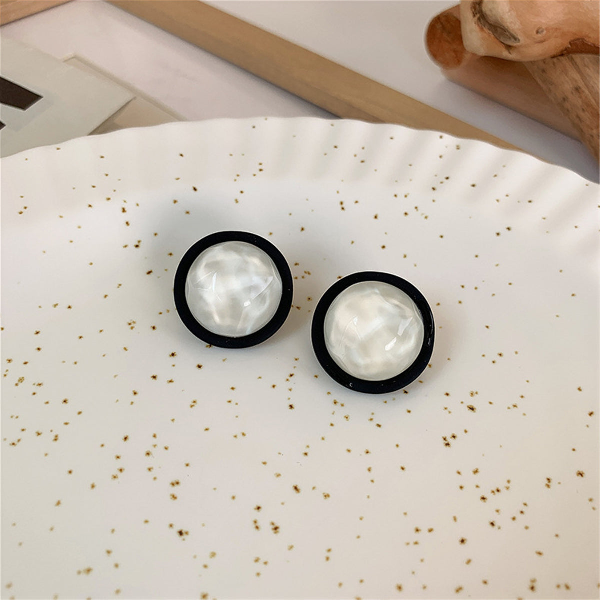 Black Acrylic and Resin Silver-Plated Round Stud Earring, silver stud earrings for women, everyday style, side view