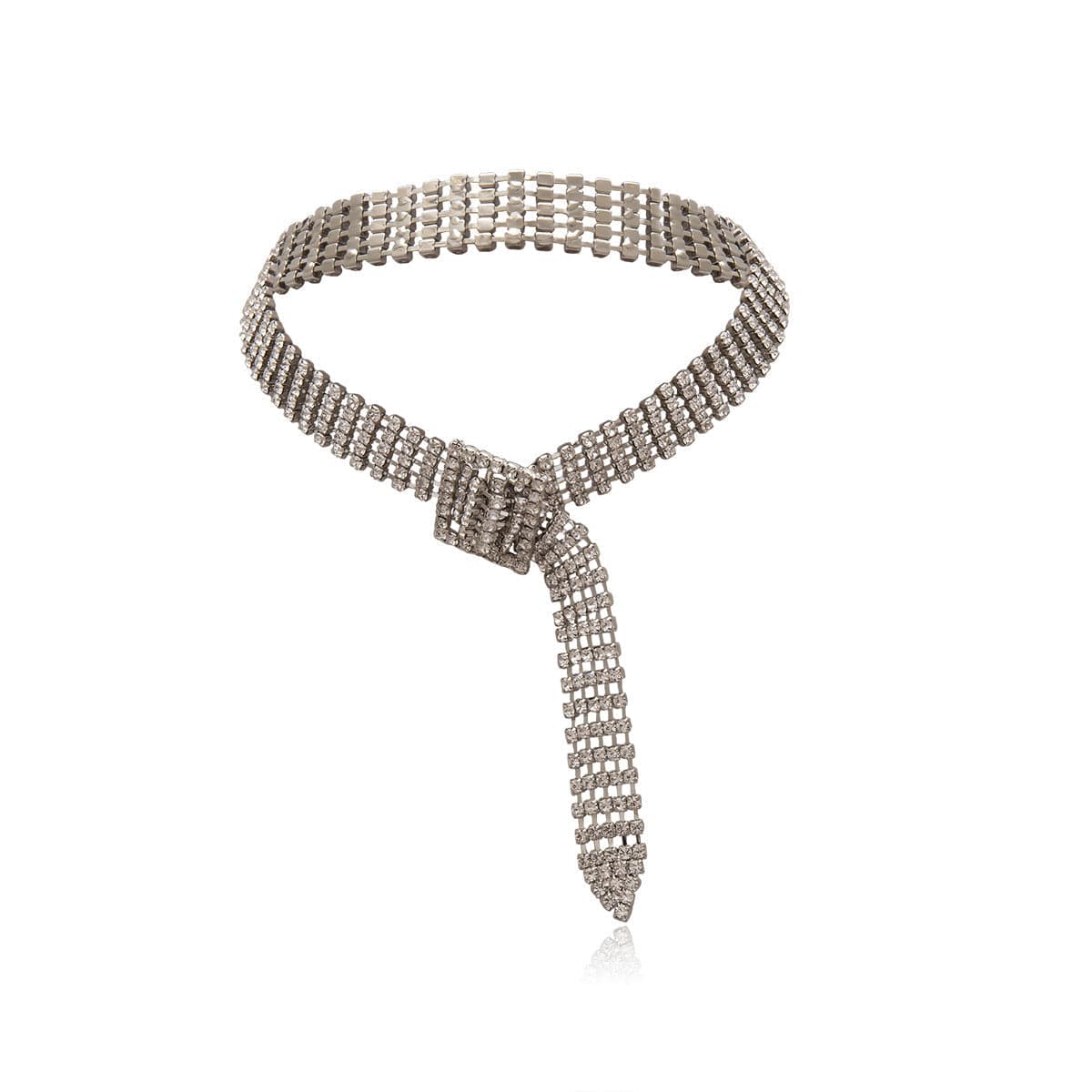 Cubic Zirconia and Silver-Plated Belt Choker Necklace, chunky silver choker necklace, botanical inspired, front view