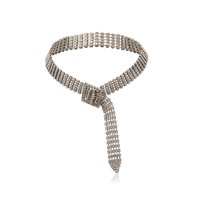 Cubic Zirconia and Silver-Plated Belt Choker Necklace, chunky silver choker necklace, botanical inspired, front view
