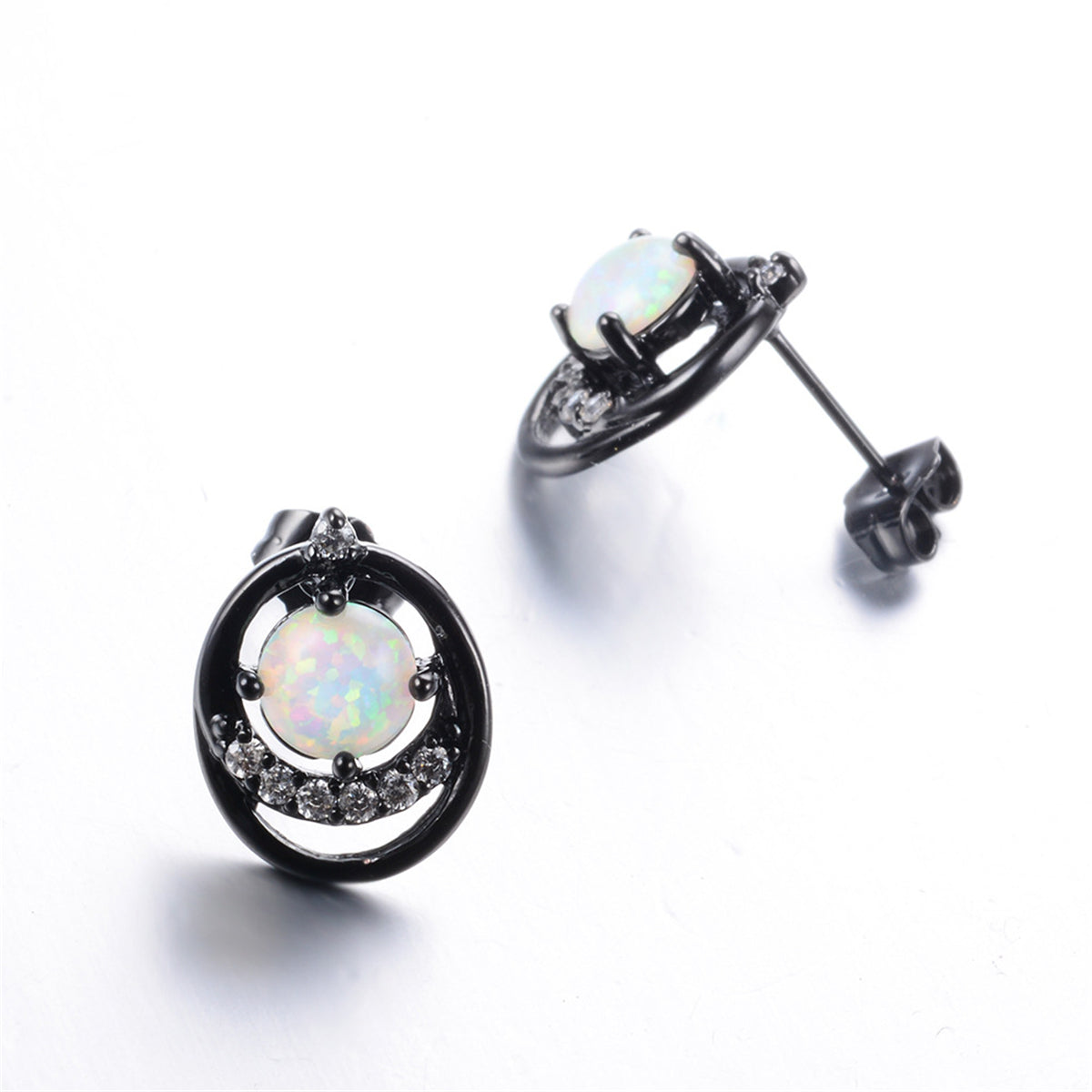 Opal & Cubic Zirconia Black Ripple Stud Earrings