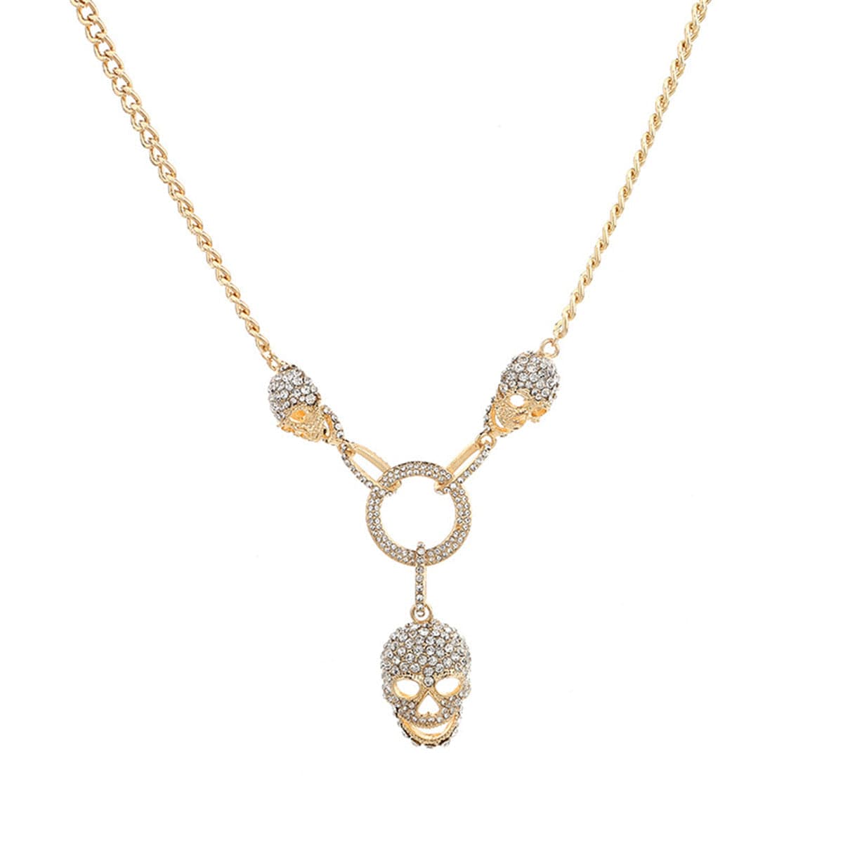 Cubic Zirconia & 18K Gold-Plated Triple Skull & Ring Pendant Necklace