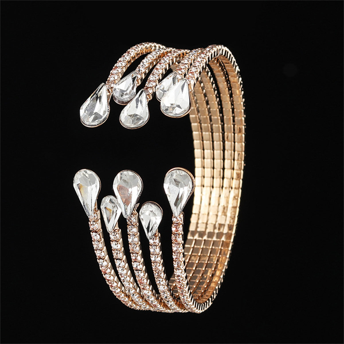 Cubic Zirconia and Crystal 18K Gold-Plated Teardrop Layered Cuff, gold bracelet for women, everyday style, side view