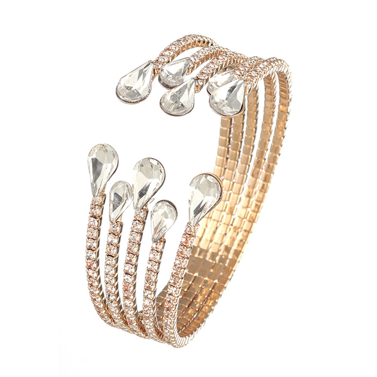 Cubic Zirconia and Crystal 18K Gold-Plated Teardrop Layered Cuff, gold bracelet for women, everyday style, front view