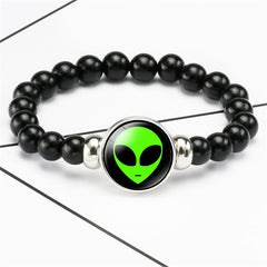 Black Resin & Silver-Plated Green Alien Beaded Stretch Bracelet