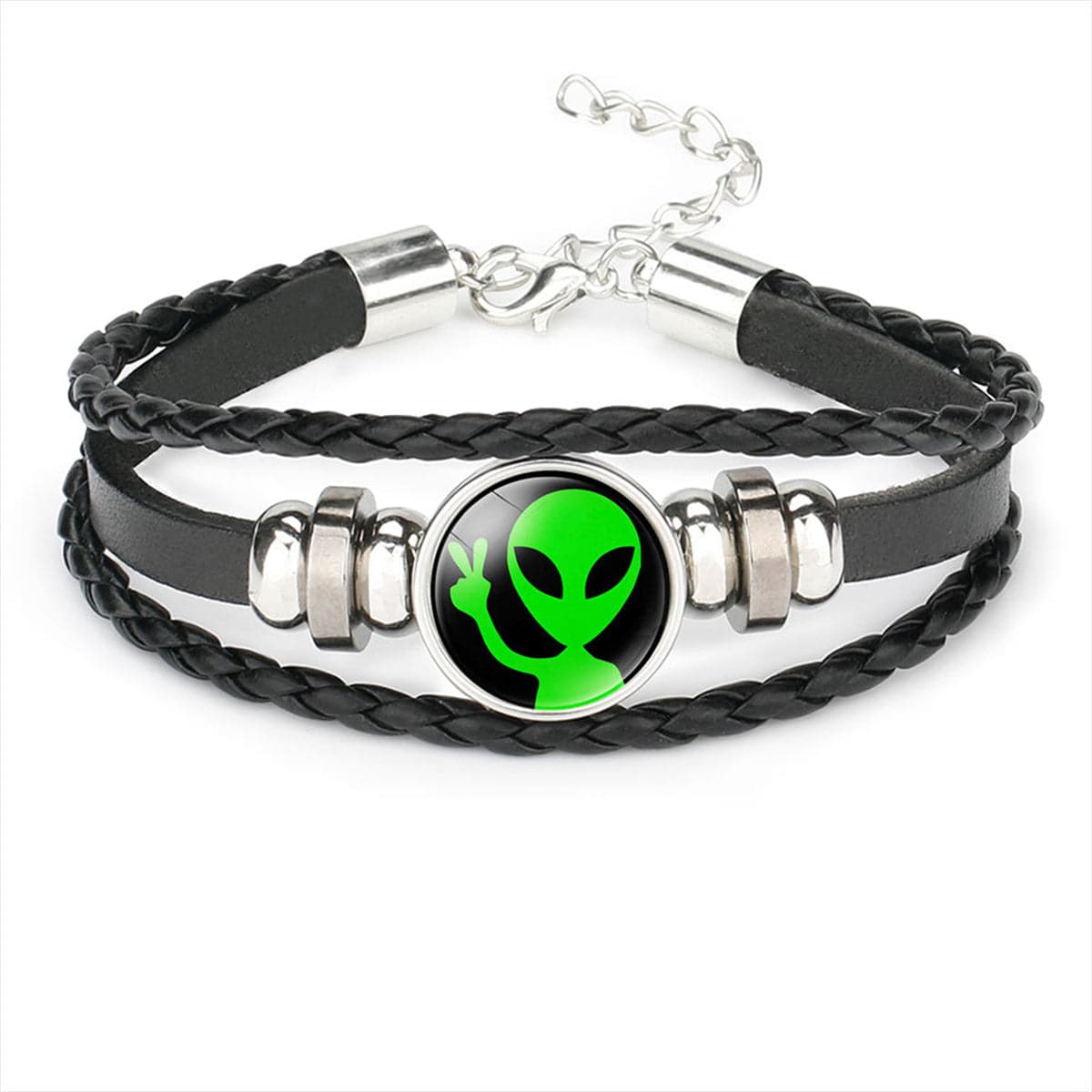 Black Polystyrene and Silver-Plated Green Alien Braided Layered Bracelet, silver bracelet for women, front view