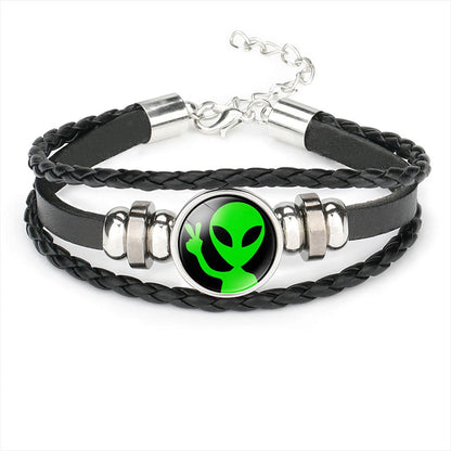 Black Polystyrene and Silver-Plated Green Alien Braided Layered Bracelet, silver bracelet for women, front view