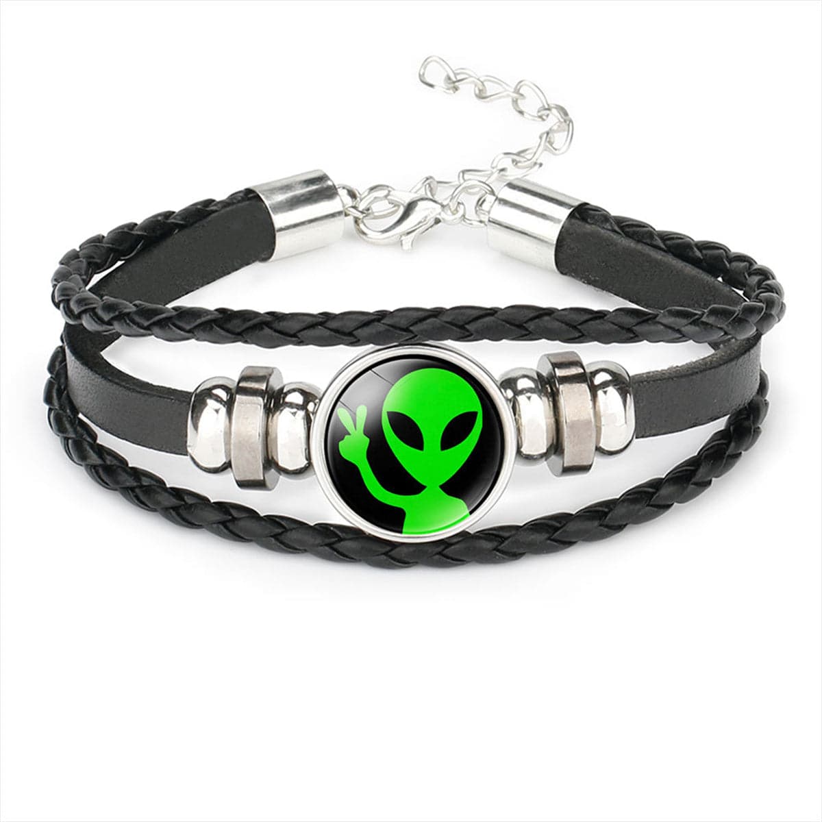 Black Polystyrene & Silver-Plated Green Alien Braided Layered Bracelet