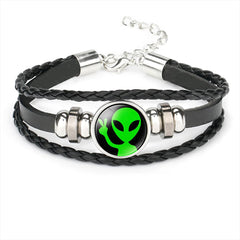 Black Polystyrene & Silver-Plated Green Alien Braided Layered Bracelet