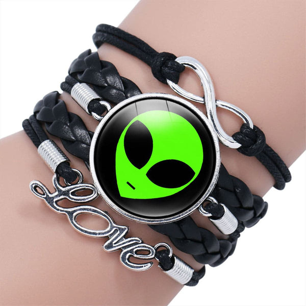 Black & Silvertone Green Alien 'Love' Braided Layered Bracelet