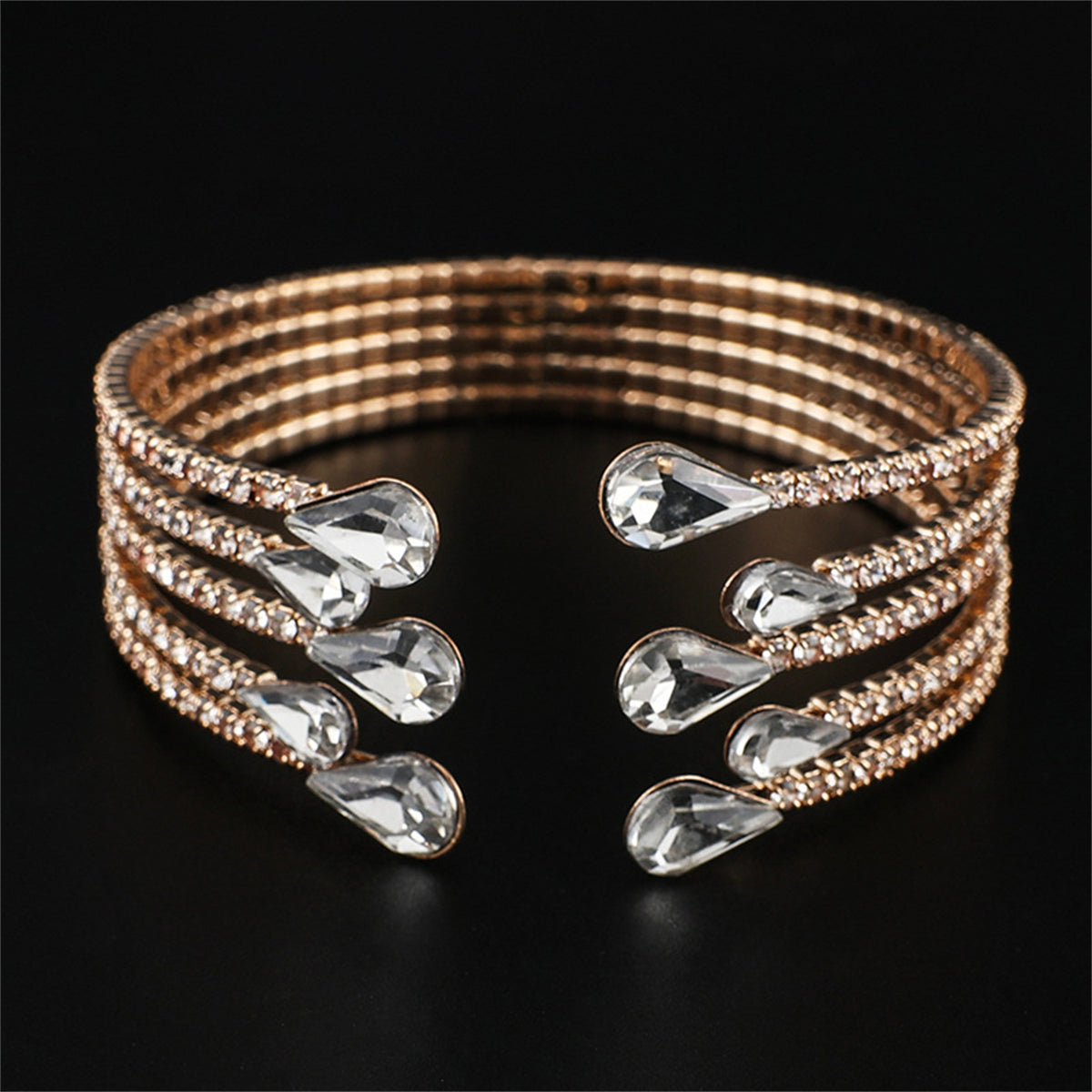 Cubic Zirconia and Crystal 18K Gold-Plated Teardrop Layered Cuff, gold bracelet for women, everyday style, detail close-up
