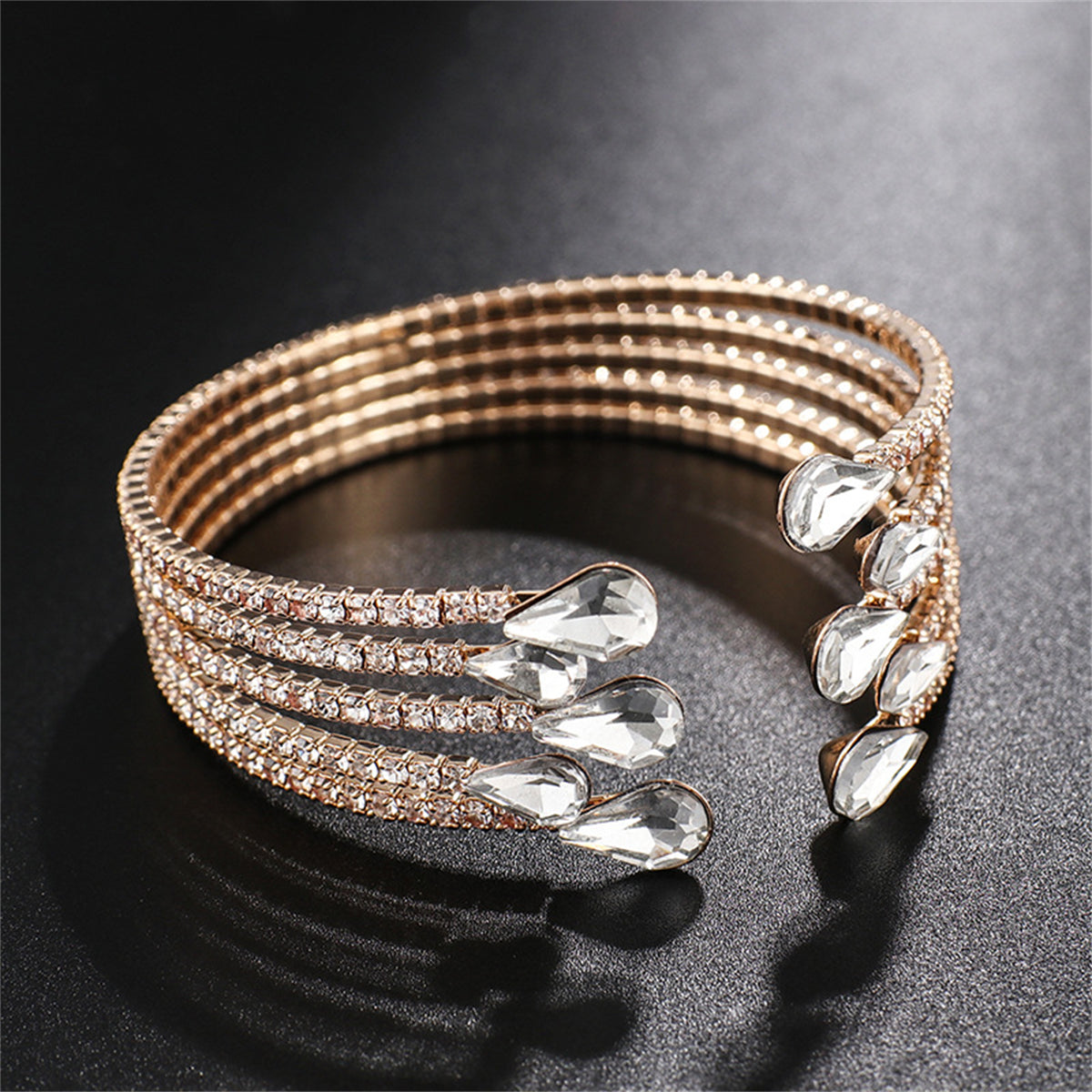 Cubic Zirconia and Crystal 18K Gold-Plated Teardrop Layered Cuff, gold bracelet for women, everyday style, lifestyle look
