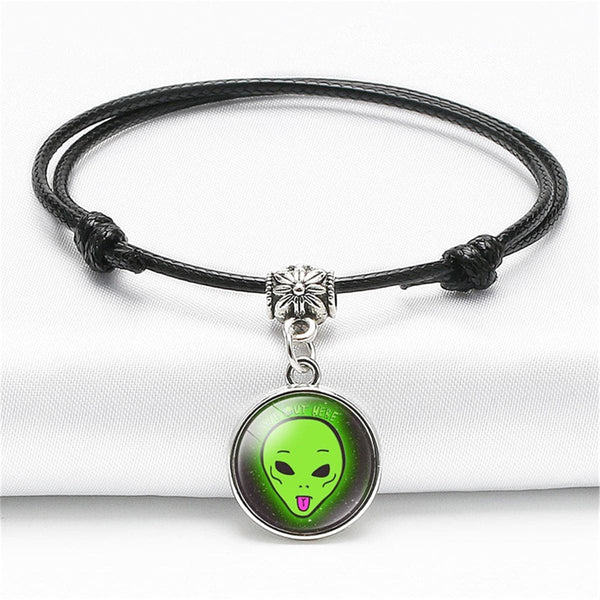 Black & Silvertone Green Alien Tongue Cord Charm Bracelet