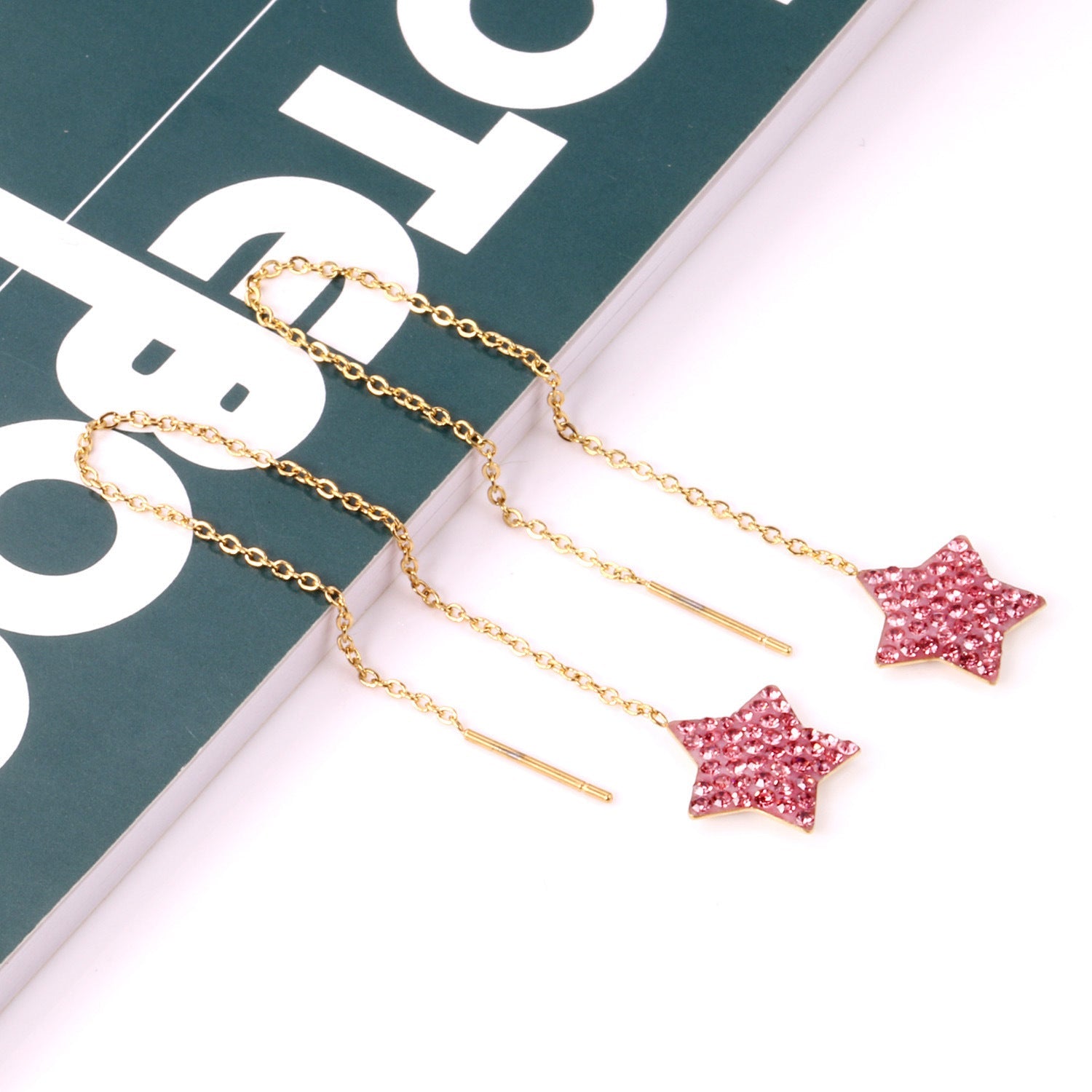 Pink Cubic Zirconia & 18K Gold-Plated Star Threader Earrings