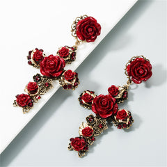 Red Resin & Cubic Zirconia Rose Cross Drop Earrings