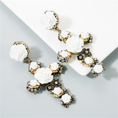 White Resin & Cubic Zirconia Rose Cross Drop Earrings