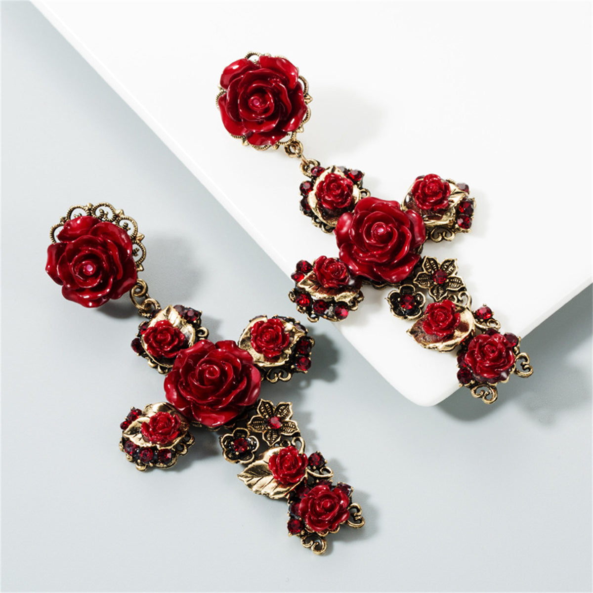 Red Resin & Cubic Zirconia Rose Cross Drop Earrings