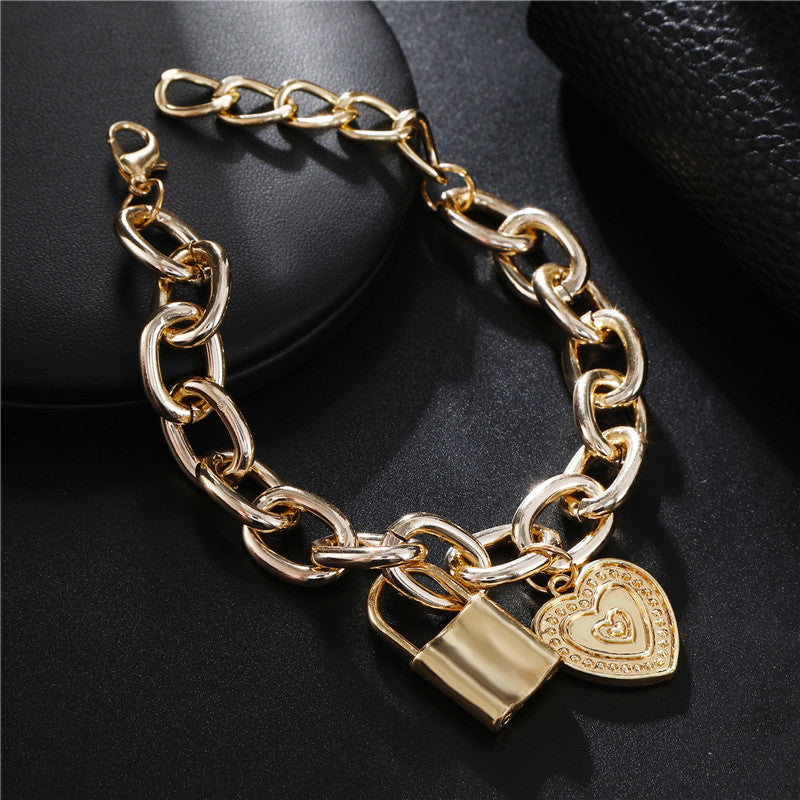 18K Gold-Plated Heart & Lock Link Charm Bracelet