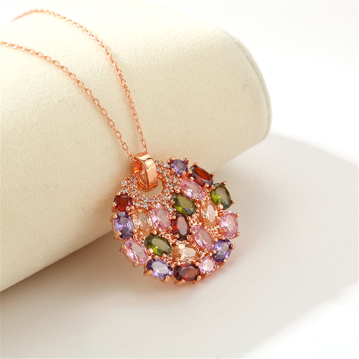 Cubic Zirconia & 18k Rose Gold-Plated Flower Round Pendant Necklace - streetregion