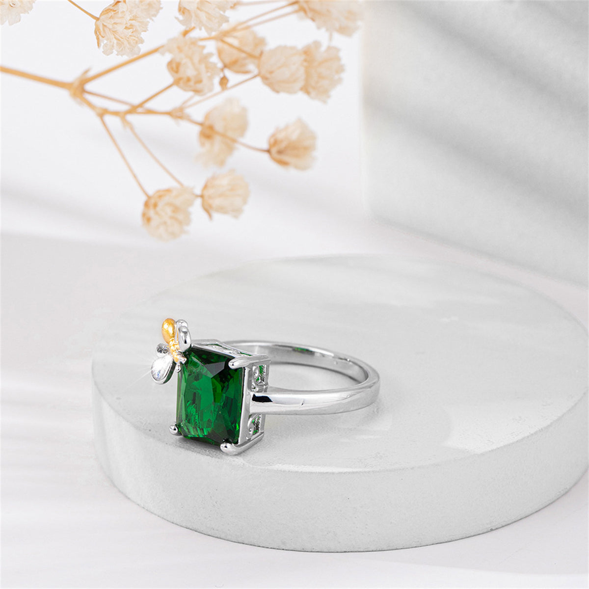 Green Crystal & Two-Tone Bee Emerald-Cut Ring
