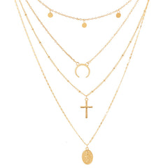 18K Gold-Plated Cross & Moon Layered Choker Necklace
