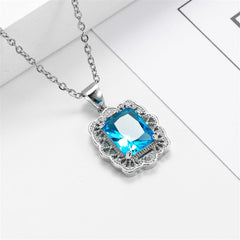 Sea Blue Crystal & Silver-Plated Filigree Princess-Cut Pendant Necklace