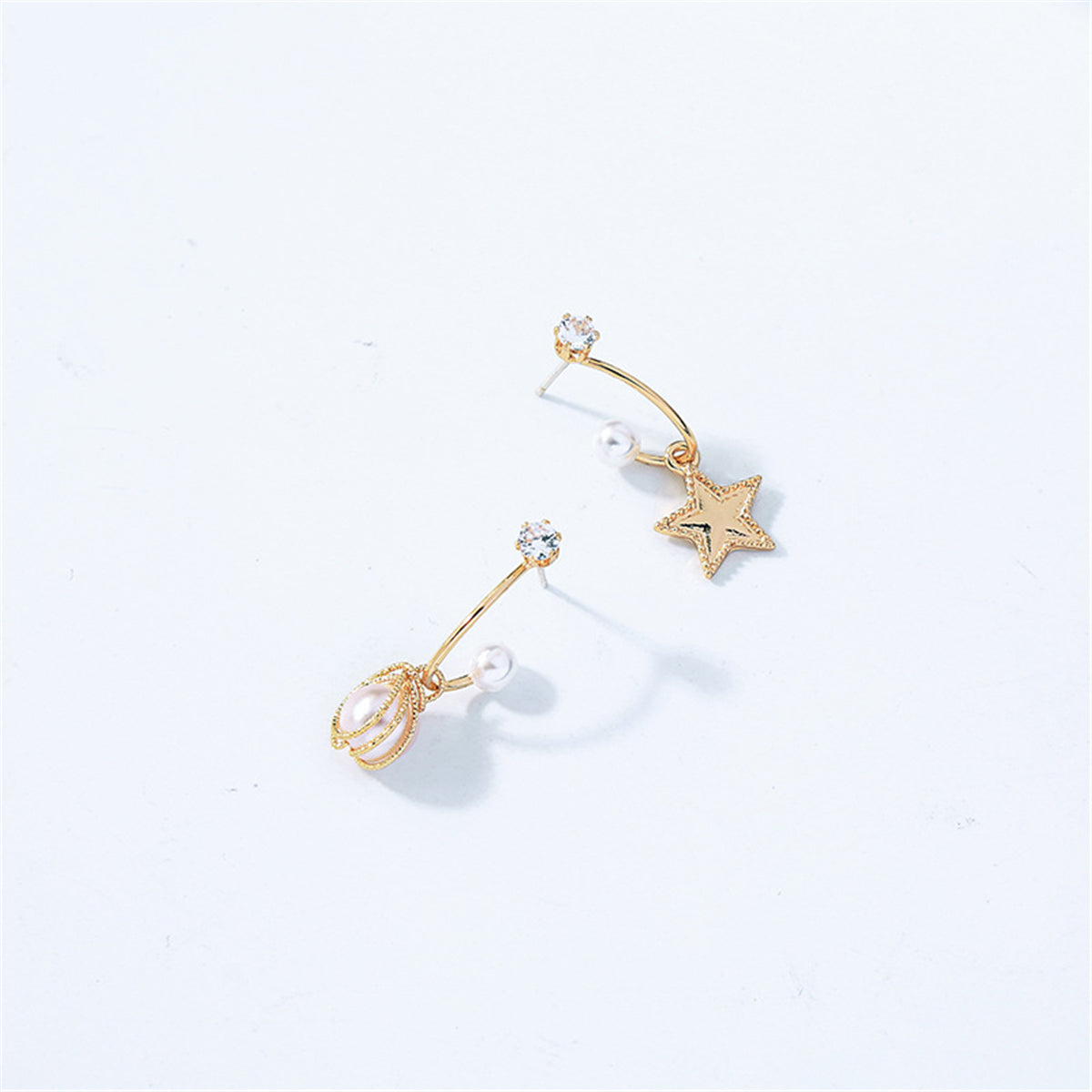 Pearl & Cubic Zirconia Star Asymmetrical Drop Earrings
