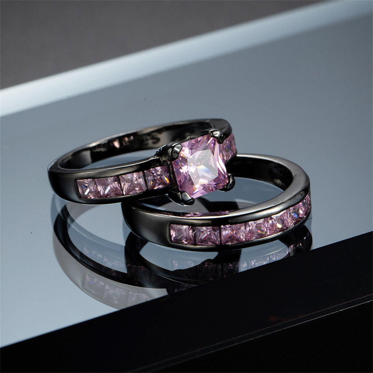 Pink Crystal and Black Stacking Ring Set, jewelry gift sets for women, botanical inspired, front view