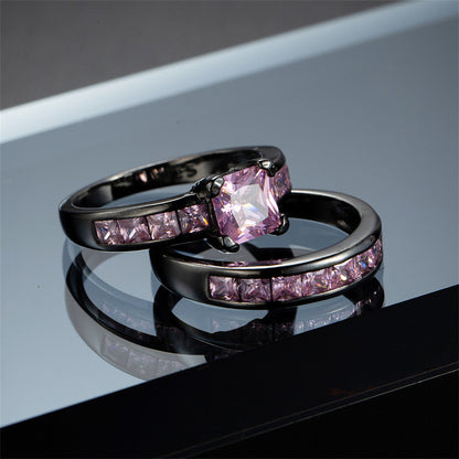 Pink Crystal and Black Stacking Ring Set, jewelry gift sets for women, botanical inspired, front view