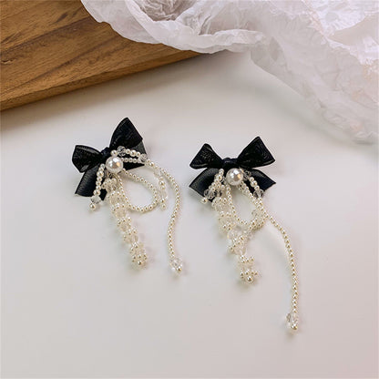 Black Mesh and Pearl Butterfly Tassel Drop Earrings, drop earrings for women, botanical inspired, detail close-up