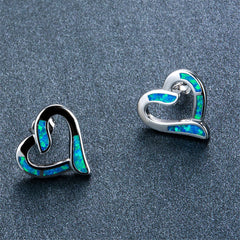 Blue Opal & Sterling Silver Hollow Heart Stud Earrings - streetregion