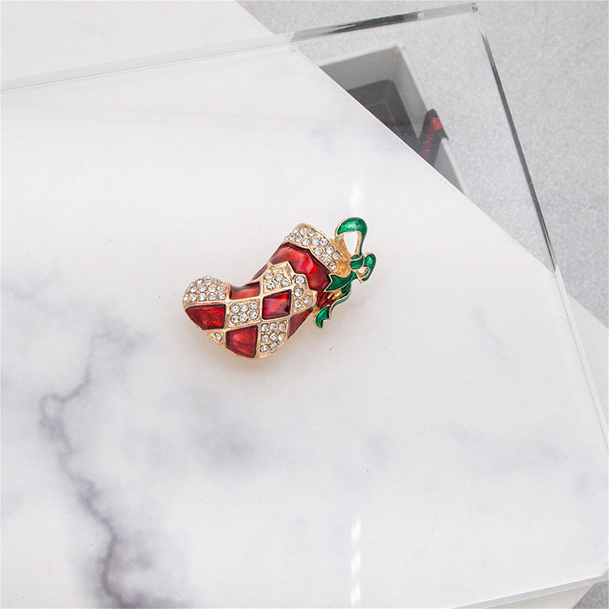 Red Enamel & Cubic Zirconia Christmas Stocking Brooch