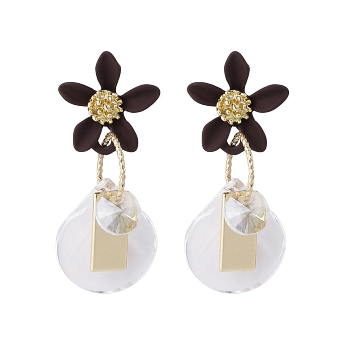 Crystal and 18K Gold-Plated Flower Drop Earrings, gold drop earrings for women, elegant gift for her, front view