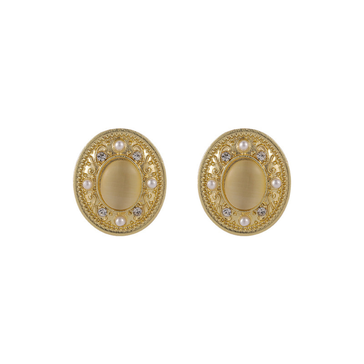 Yellow Cats Eye & Pearl 18K Gold-Plated Oval Stud Earrings