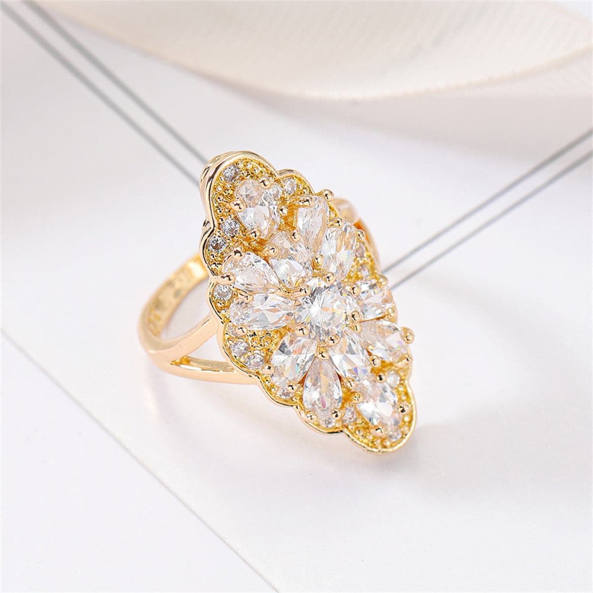 Crystal and 18K Gold-Plated Pear-Cut Pavé Statement Ring, gold statement rings for women, lifestyle look